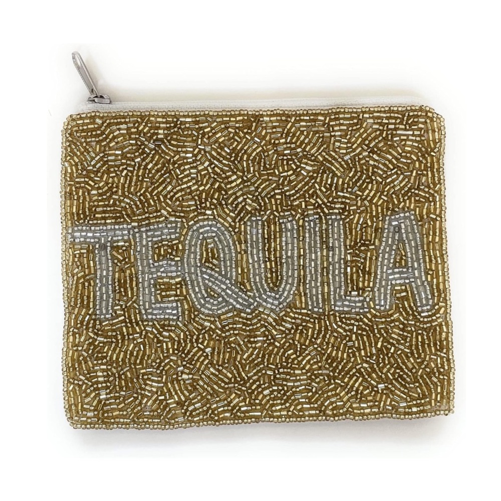 🍸NWT “TEQUILA” Hand Beaded Clutch Pouch Coin Purse Bag Gold & Silver Novelty